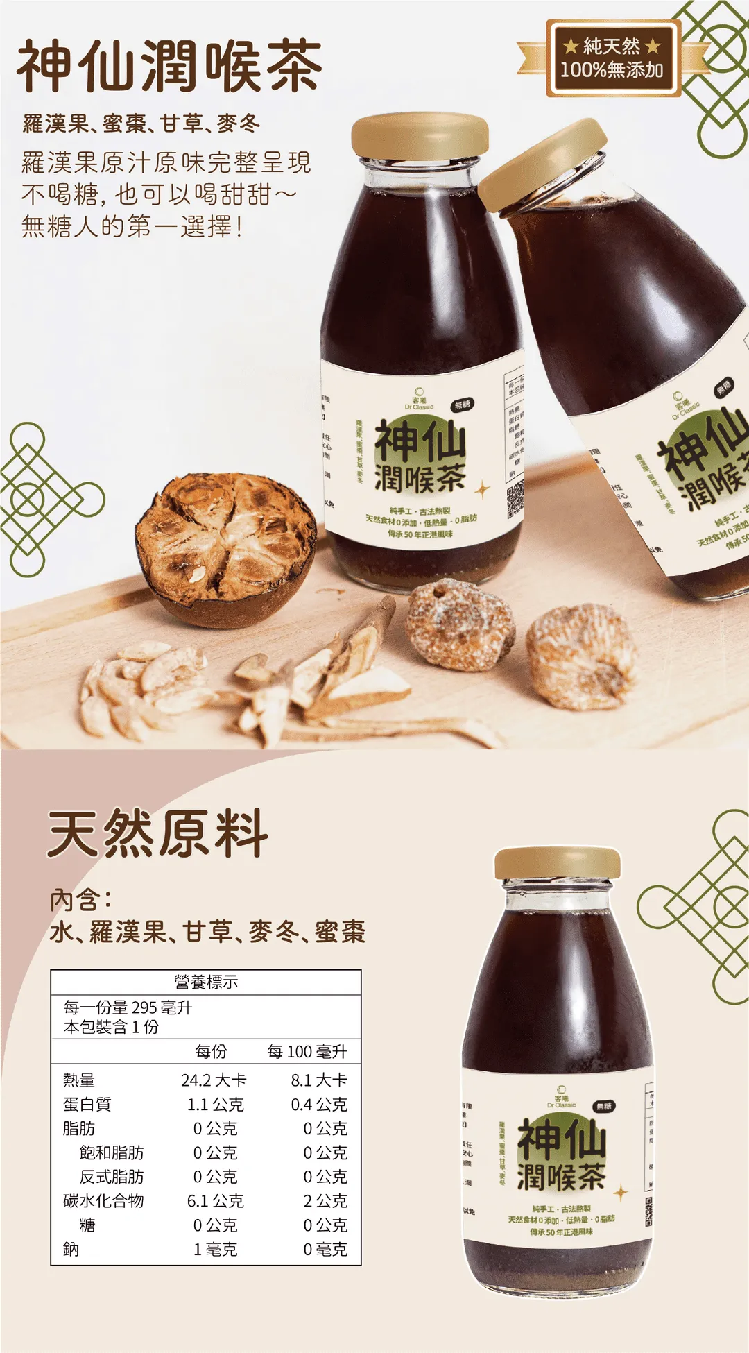 神仙潤喉茶:使用羅漢果、蜜棗、甘草、麥冬